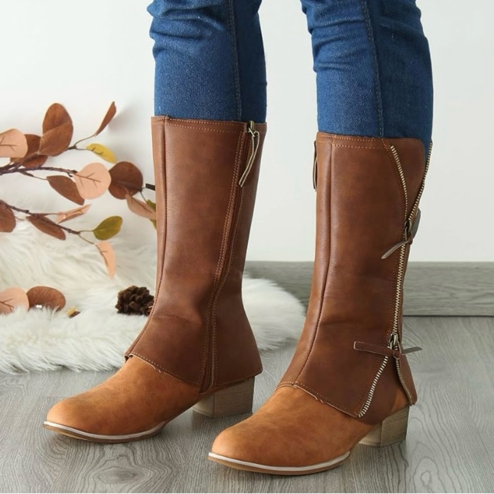 Brown mid-calf boots, zip-up design, brand new, never worn